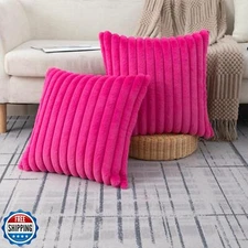 ZLINA Set of 2 Hot Pink Faux Fur Decorative Throw Pillow Covers Fluffy Stripe