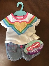 My Life As Rainbow Heart Sequined T Shirt Shorts For 18" Doll New