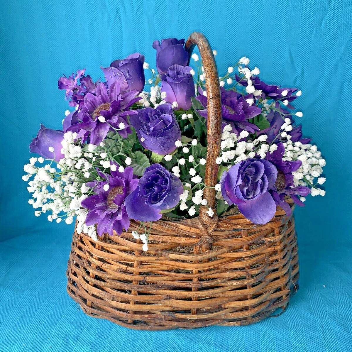Wicker Basket Arrangement PURPLE ROSE DAISY Babies Breath ONE OF KIND  ❤️sj10m1