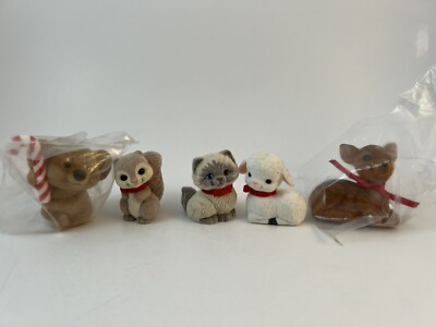 VINTAGE SET OF 5 HALLMARK FLOCKED MERRY MINIATURES! DEER/CAT/LAMB/SQUIRREL/KOALA