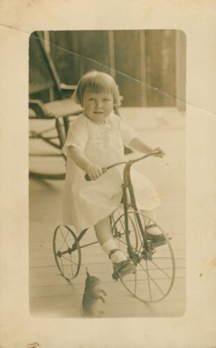 c1904 RPPC Girl On Metal Wheel Tricycle With Rabbit Family Home Ride Trike  - Picture 1 of 2