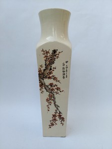 Large 20" Vintage / Antique Chinese Rectangular Painted Pottery Poem Vase