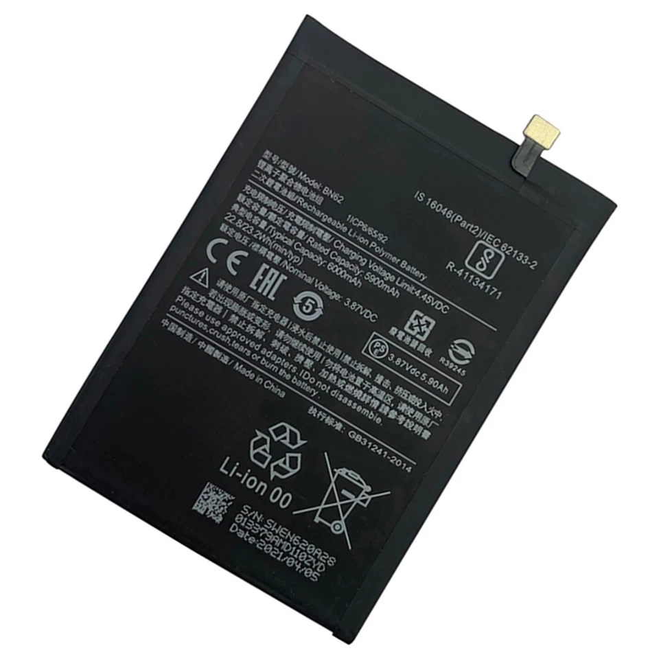 Batería de polímero de litio BN62 6000 mAh para Xiaomi Redmi Note 9 4G/9T/9 Power/ Poco M3 Foto 2 de 4