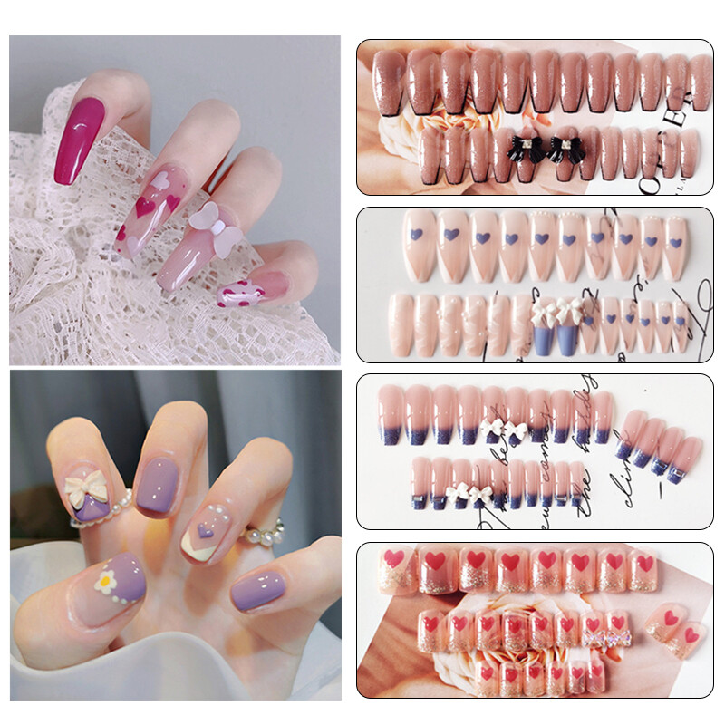 24PCS Fake Nails Cute Cat Girls Sweet Style Short Press On Nails Wearable  Finished Nail Piece Fully Covered Nail Decoration