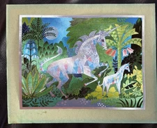Vintage Mama & Baby Unicorn Under Moon Iridescent Surreal Fantasy Land 10X8