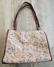 American Leather Co Leather Brown Vintage Floral Print Satchel Purse Bag EUC!