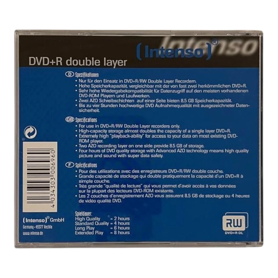 Intenso DVD + R DL Double Layer Rohling 8,5 GB 240 Min. DVD+R 1 Stück Neu & OVP - Bild 2 von 2