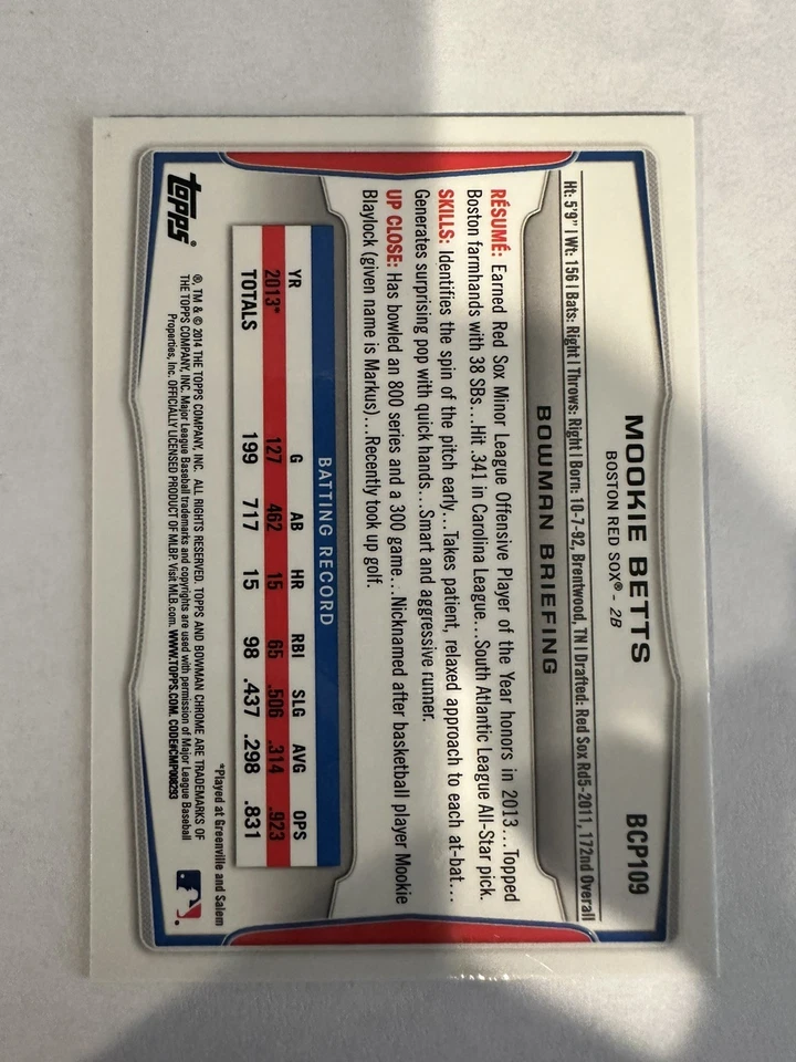 Bowman - Prospects Chrome Mookie Betts 2014 #BCP109 (RC) 1er Foto 2 de 2