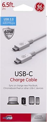 GE 40090 6.5 ft. USB Type C Cable, USB-C to USB-C 60W Charging Cable