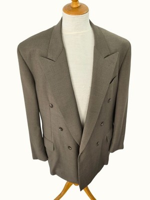 Vintage Tom James 46L Double Breast Blazer Light Brown Herringbone Leather Btns