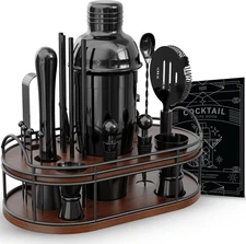 22-Pc Black Bartender Kit w/ Wooden Stand – Cocktail Shaker Set Gift