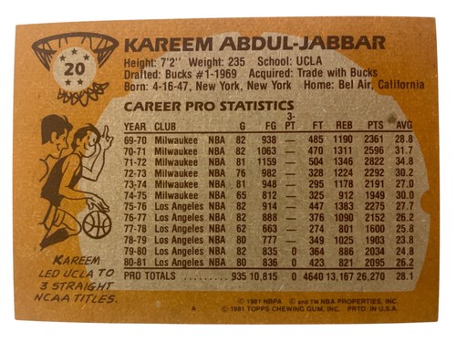 1981 Topps Kareem Abdul-Jabbar #20 Lakers - Bild 2 von 2