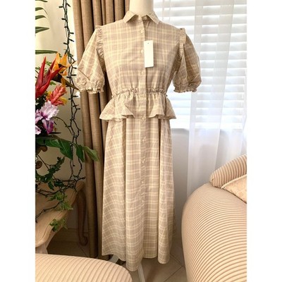 NWT GU (Uniqlo) x Rokh Half Sleeve Shirt Dress in Beige Plaid Check Women's M