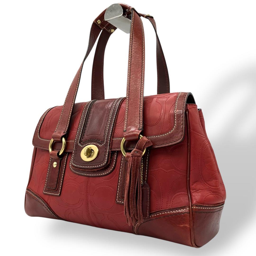 Coach Turnlock Signature Y2K Embossed Legacy Red Leather Handbag 