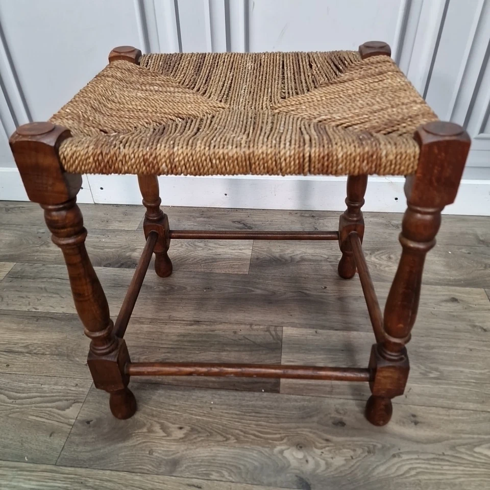 Retro Vintage Solid Wooden Turned Rush Rope Top Foot Stool Rest Seat - Image 2 of 4