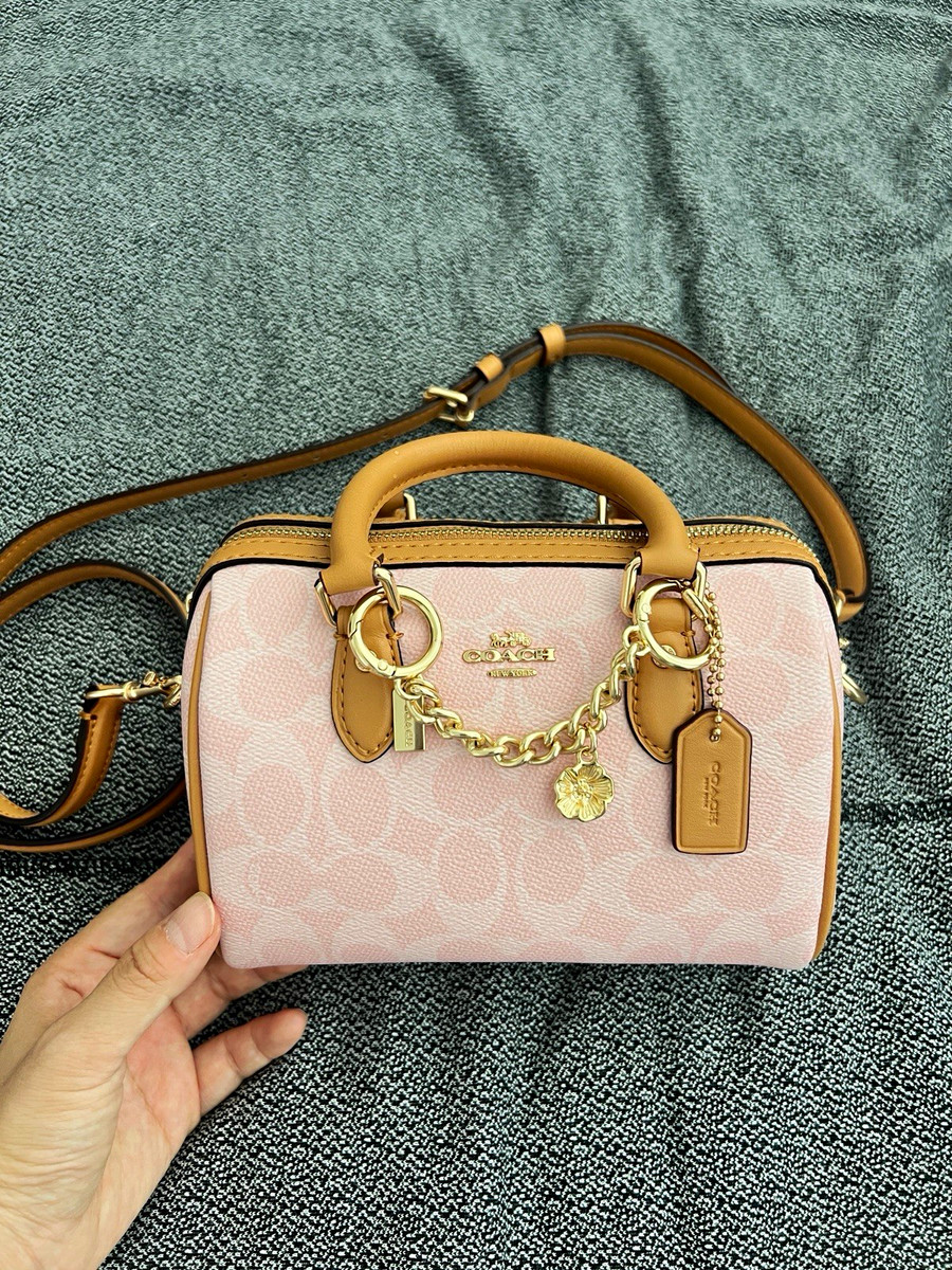 Coach Signature Pink/Tan Mini Satchel Zip Chain Charm Detachable