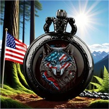 Men's Pocket Watch Wolf Flag Design Quartz Stainless Steel Case Perfect For Gift