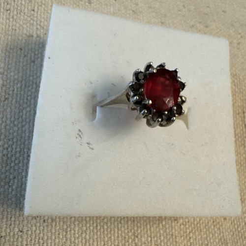 Round Red Ruby Ring Black Silver 925 Size 7.5 - Bild 6 von 7