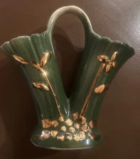 Vintage Green Double Bud Vase Gold Trim Mid-Century Ceramic 6”
