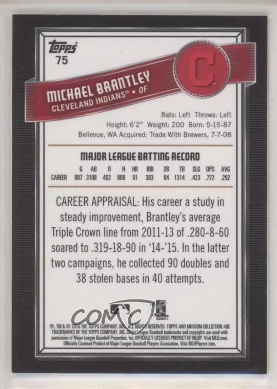 2016 Topps Museum Collection Blue /99 Michael Brantley #75 - Image 2 of 2