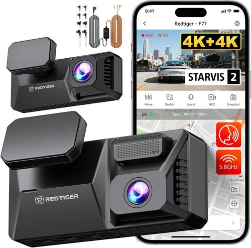 REDTIGER F77 Dash Cam 4K+4K Dual IMX678,Voice Control,5.8GHz WIFI,Hardwire Kit deal from eBay
