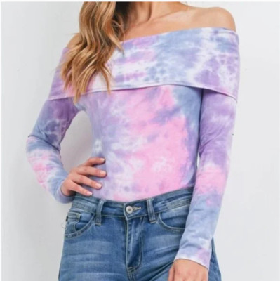 NWT Women's L Large Long Sleeve Purple Tie Dye Bodysuit By Le Lis Collection