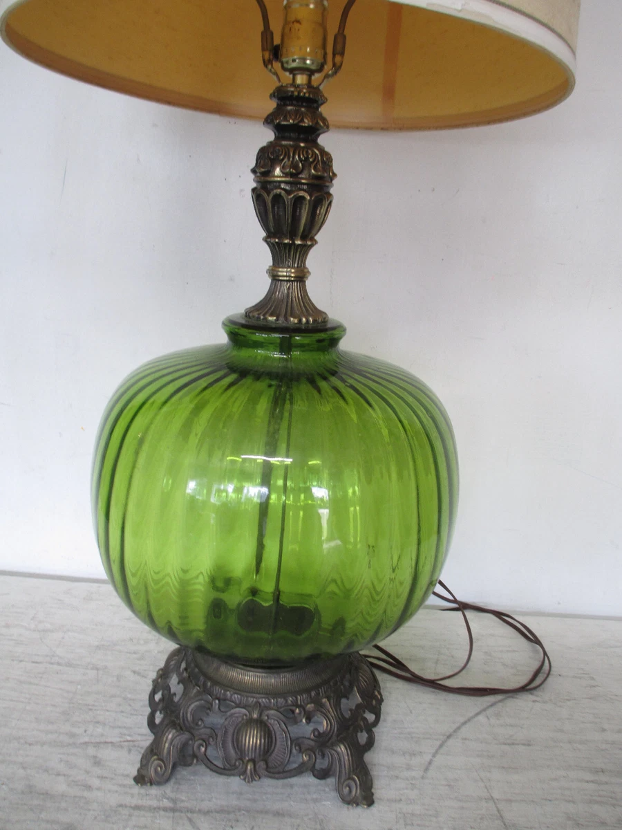 VTG Mid Century Modern Green Glass Table Lamp W Night Light Retro 30