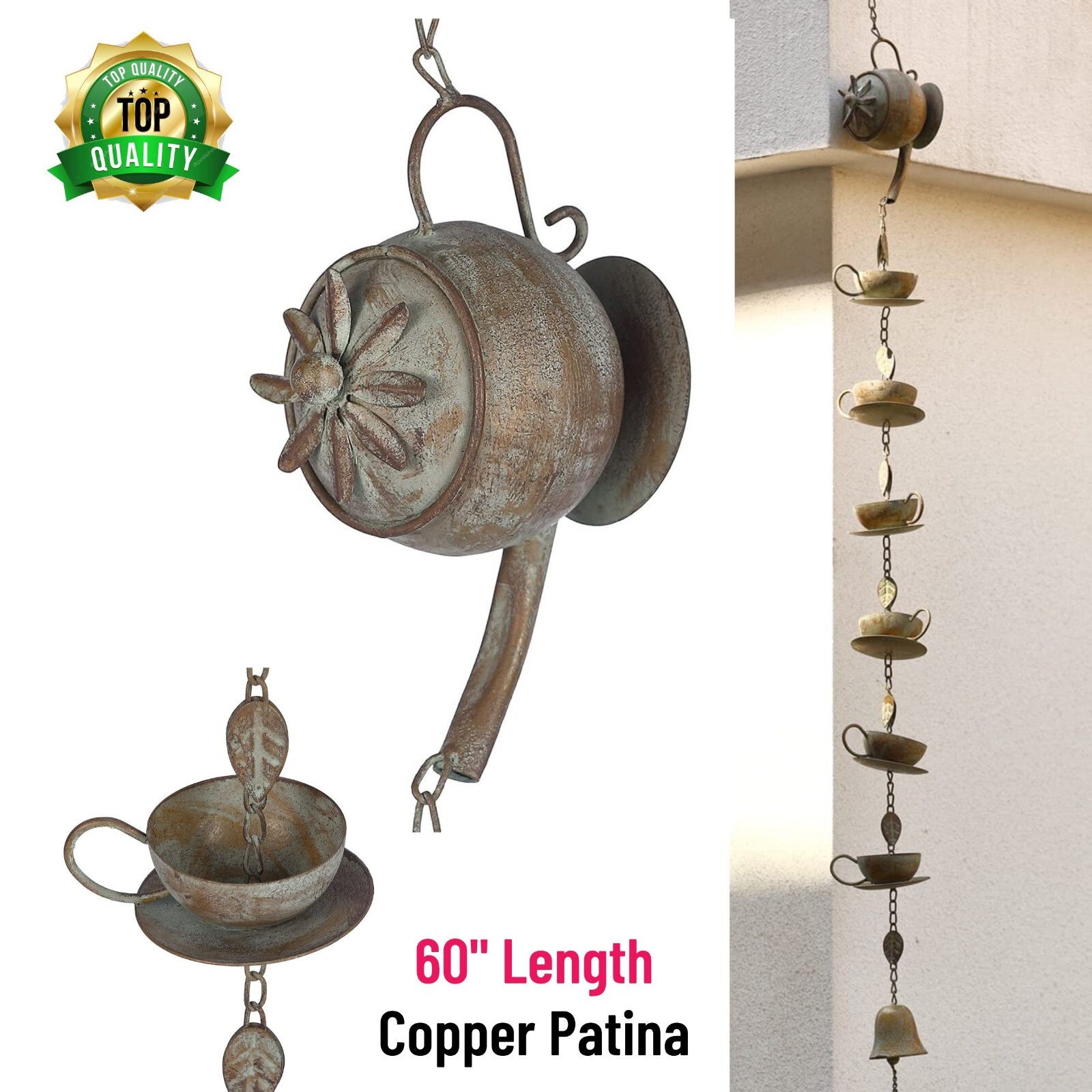 Teapot & Cups Rain Chain w/ Bell Chime Antique Patina Outdoor Garden