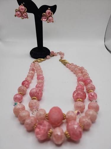 Set Gioielli Vintage Collana 16 Pollici Clip On Orecchini 1 Pollice Perline Rosa... - Foto 4 di 24