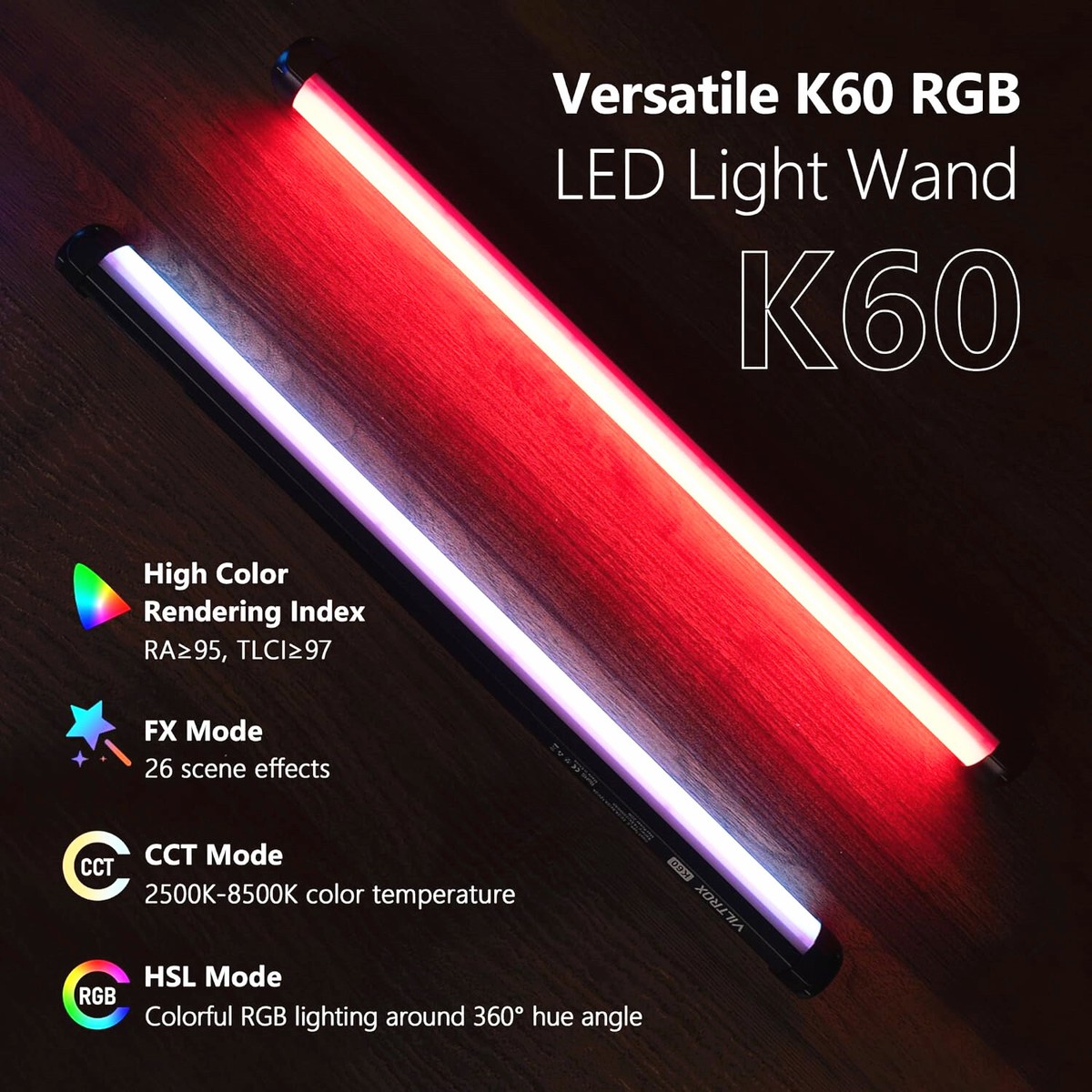 2x VILTROX K60 20W RGB LED Video Light 2500K-8500K Full Color Photography  Lights