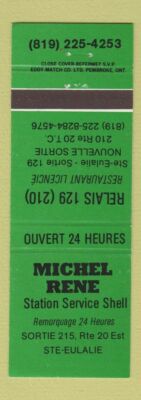 Matchbook Cover - Michel Rene Shell oil gas Ste Eulalie QC GREEN