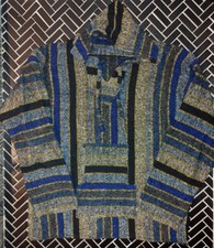 Baja Hoodie  Drug Rug  Mexican Poncho with Soft Inner Lining - Size Large Blue