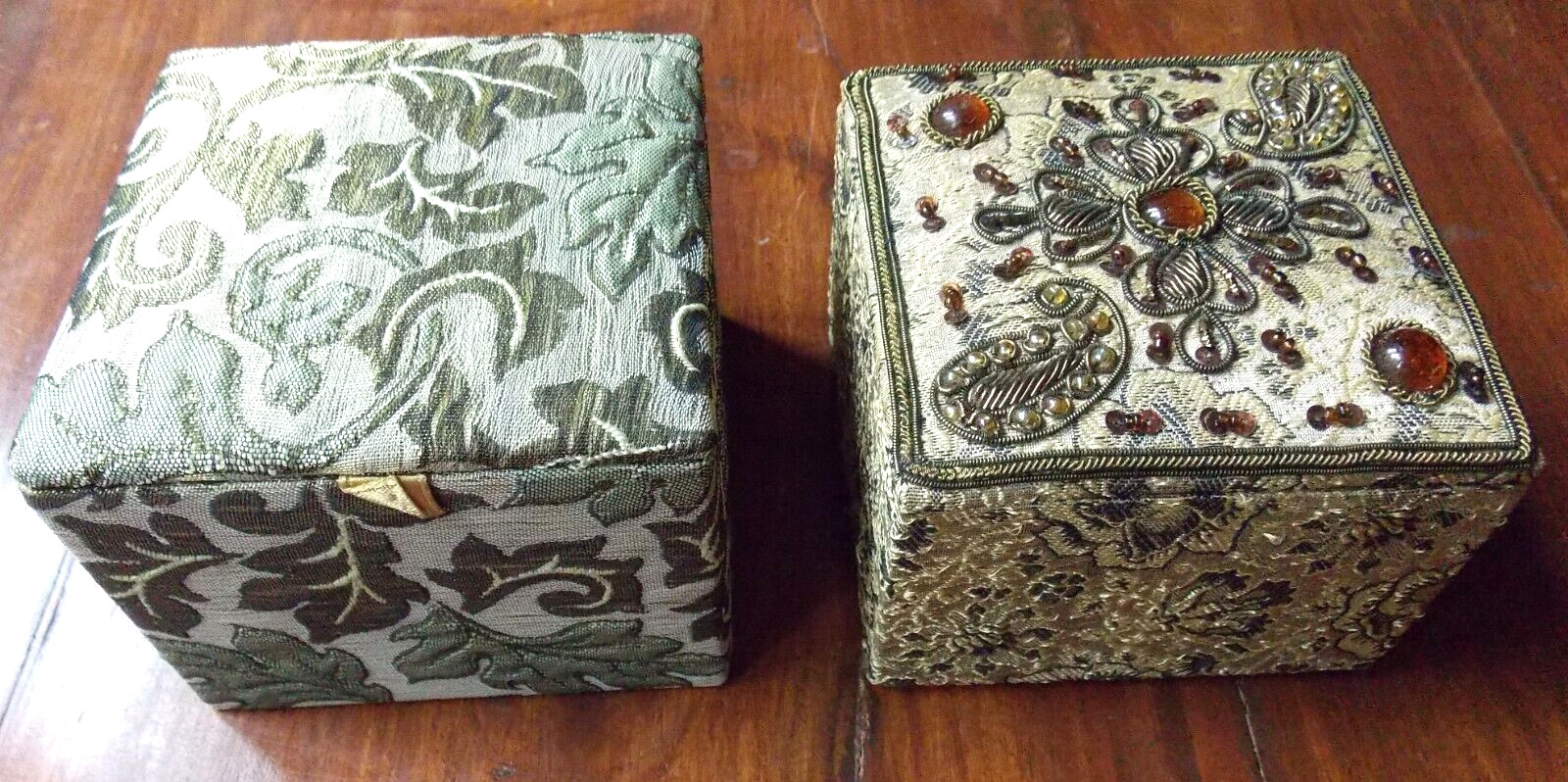 Boîtes à bijoux en brocart carrées vert antique et lichen de rangement pour femme, lot de 2