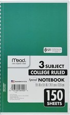 Spiral Notebook, 3 Subject, College Ruled Paper, 150 Sheets, 9-1/2' x 5-1/2', Co