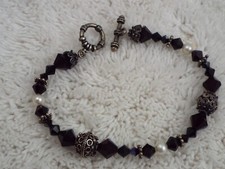 Silvertone Genuine Pearl Dark Red Crystal Beas Toggle Bracelet
