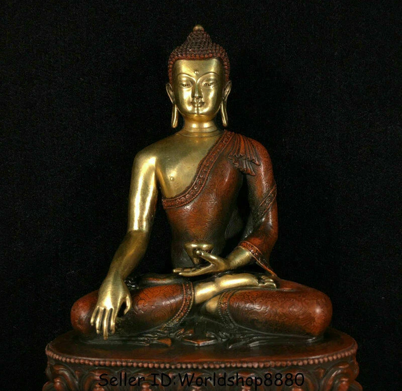 Estatua túnica de Buda Shakyamuni Amitabha Tíbet dorado oro 24k cobre rojo antiguo de 9,8" Foto 2 de 4
