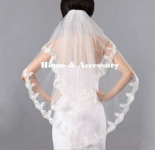 2 Tier Fingertip Bridal Wedding Veil with Lace Applique Edge - Picture 1 of 7