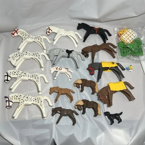 Lot of Vintage Geobra Playmobil Horses Dog Pony Brown Black White Gray Speckled
