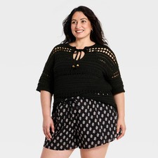 Women Short Sleeve Openwork V-Neck Pullover Sweater - Universal Thread