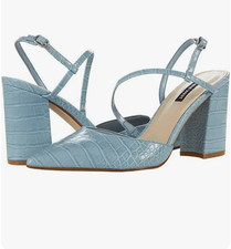 Nine West Women Cache Dress Pumps Sz 7.5M Light Blue Chunky Heel Ankle Strap NEW