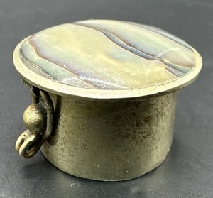 Vintage Alpaca Mexican Silver Trinket Pill Box w/ Abalone Shell MOP Top 1”