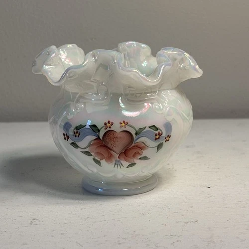VTG Fenton Opalescent Ruffle Bowl Vase Hand Painted Floral Heart Weave Signed
