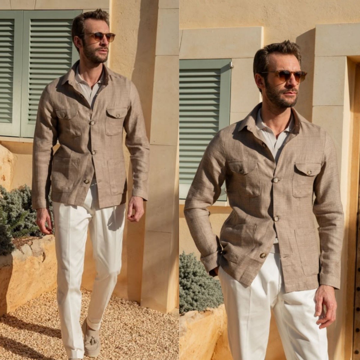 Khaki Linen Cotton Mens Safari Jacket British Style Casual Outdoor Blazer Coat