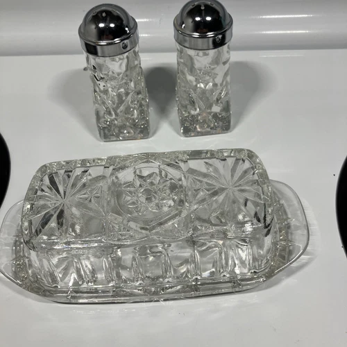 Vintage Star of David Anchor Hocking Glass Butter Dish With Lid Salt/Pepper Set
