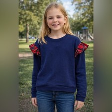 NWT Crewcuts Girls Navy/Plaid Ruffle Shoulder Sweatshirt L 10  11 