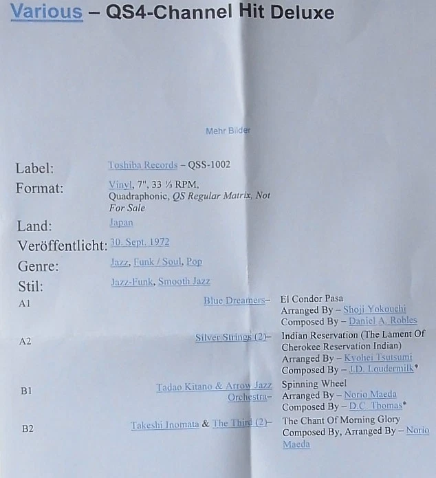 7" Vinyl Single (EP) : Various - QS4-Channel Hit Deluxe - Toshiba Records - 1972 - Bild 2 von 2