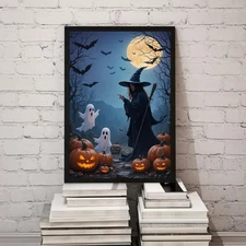 Creepy Halloween Poster Print: Witches, Ghosts, and Pumpkins Poster Wall Art