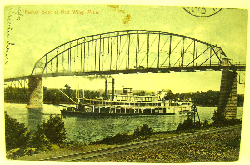 picture postcard pre WWI; photo Mississippi packet boat Red Wing Minn.; 1908