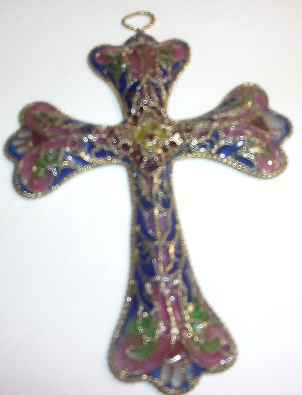 Cloisonne Enamel Cross  Filigree Crucifix Gold Tone
