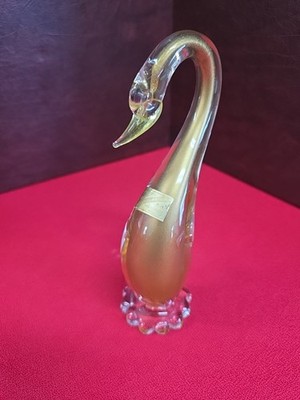 Vintage Murano Uranium Glass 24k Gold Swan With Original Sticker Rare Piece!!